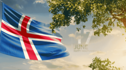 Das Bild zeigt links die Nationalflagge Islands, die im Wind weht, rechts sieht man einen Baum mit Sonnenstrahlen.