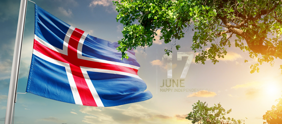 Das Bild zeigt links die Nationalflagge Islands, die im Wind weht, rechts sieht man einen Baum mit Sonnenstrahlen.