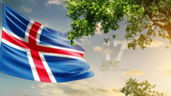 Das Bild zeigt links die Nationalflagge Islands, die im Wind weht, rechts sieht man einen Baum mit Sonnenstrahlen.