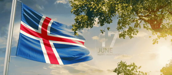 Das Bild zeigt links die Nationalflagge Islands, die im Wind weht, rechts sieht man einen Baum mit Sonnenstrahlen.