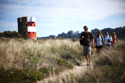 Wandergruppe zwischen hohem Gras auf einem Wanderweg