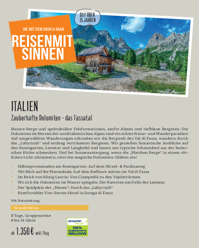 Downloaddatei des Posters für die Gruppenreisen "Zauberhafte Dolomiten - das Fassatal" mit Kurzinformationen zur Reise nach Italien.