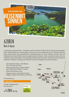Downloaddatei des Posters für die Gruppenreisen "Best of Açores" mit Kurzinformationen zur Reise auf die Azoren. 