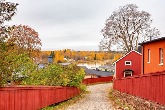 Porvoo: Rote Holzhäuschen, wo man hinblickt Eine Kopfstein-gepflasterte Gasse führt hügelabwärts, flankiert von roten Zäunen und Holzhäuschen.