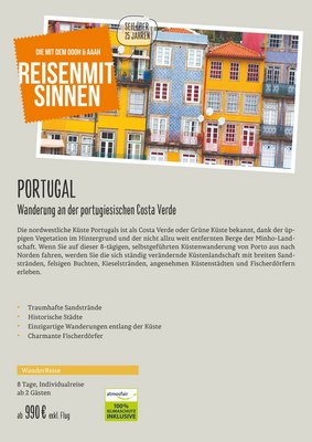 Downloaddatei des Posters für die Individualreise "Wanderung an der portugiesischen Costa Verde" mit Kurzinformationen zur Reise nach Portugal.