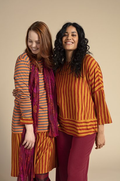 Nachhaltige Mode der Marke Gudrun Sjöden 2 Frauen präsentieren bunte Kleidung der nachhaltigen Marke Gudrun Sjöden