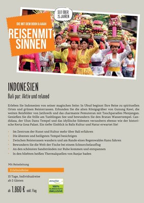 Downloaddatei des Posters für die Individualreise "Bali pur: Aktiv und relaxed" mit Kurzinformationen zur Reise nach Indonesien.