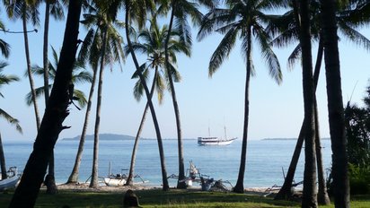 Bali Schiffstour in Indonesien Blick durch die Palmen auf das Meer mit einem Boot