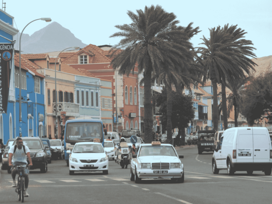 Eine vielbefahrene palmengesäumte Straße führt entlang einer bunten Häuserzeile. Hinter den Häusern erkennt man Berge.