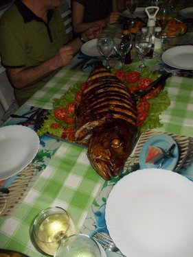 Gemeinsames BBQ auf den Kapverden Ein gegrillter Fisch wird auf einerm Gemüsebett serviert.
