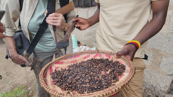 Geröstete Kaffeebohnen Geröstete Kaffeebohnen liegen in einer aus Stroh geflochtenen Schale, die von einem afrikanischen Mann in westlicher Kleidung gehalten wird, dessen Kopf man nicht sieht.