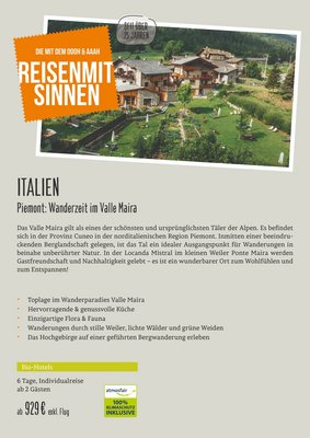 Downloaddatei des Posters für die Individualreise "Piemont: Wanderzeit im Valle Maira" mit Kurzinformationen zur Reise nach Italien.