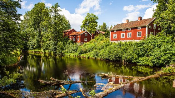 Schweden Västmanlands Wasser, das von grünen Bäumen und roten Häusern umkreist ist. Die Bäume spiegeln sich im Wasser.