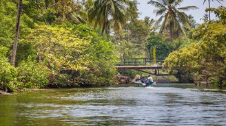 Eine Gruppe Reisender fährt in einem Boot auf einem palmengesäumten See in Sri Lanka.