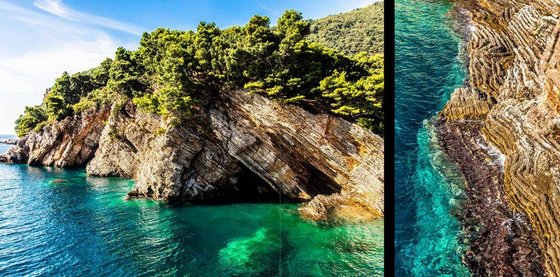 Beispielseite Küstenlandschaft Doppelseite eines Montenegro-Bildbands: links querformatig eine Küstenansicht einer Steilküste, die nahezu senkrecht ins Meer abfällt, rechts hochformatig der Blick von einer Steilküste runter auf das Meer