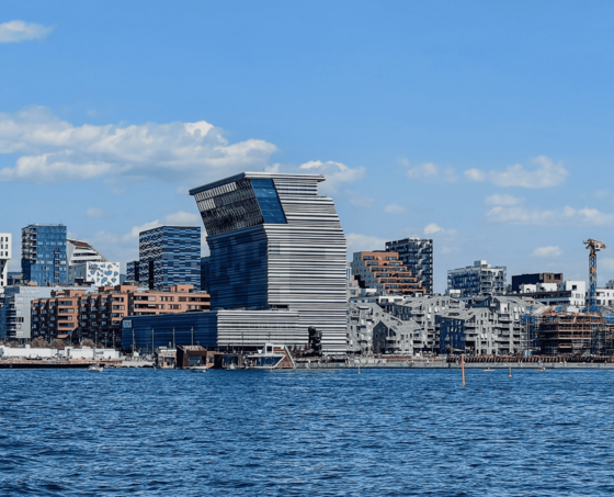 Über eine Wasserfläche, die das untere Viertel des Bildes einnimmt, schaut man auf eine Skyline mit moderner Architektur, darüber blauer Himmel.