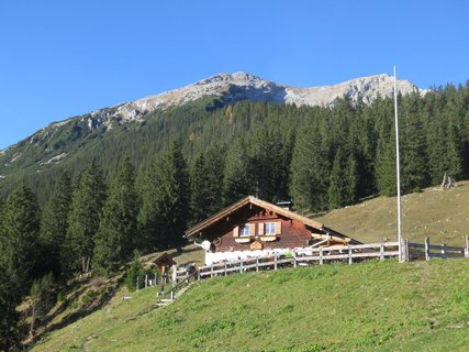 Berghütte inmitten einer grünen Wiese