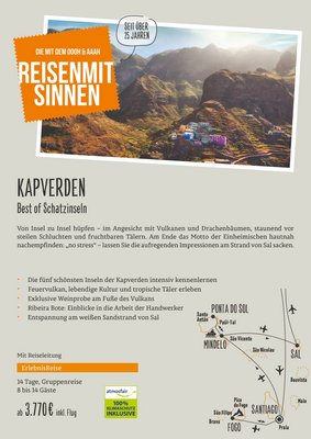 Downloaddatei des Posters für die Gruppenreisen "Best of Schatzinseln" mit Kurzinformationen zur Reise auf die Kapverden.