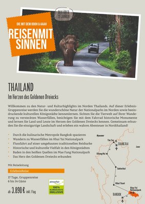 Downloaddatei des Posters für die Gruppenreisen "Im Herzen des Goldenen Dreiecks" mit Kurzinformationen zur Reise nach Thailand.