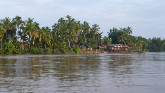 Flussufer mit Holzpfahlbauten und Palmen