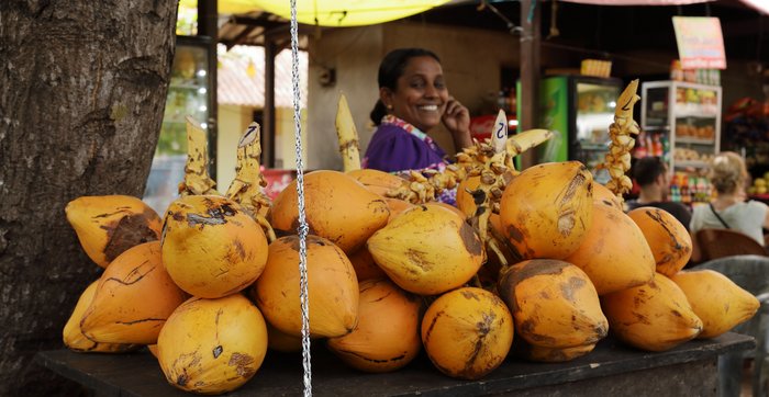 Ein Stand mit Kokosnüssen auf einem Markt in Sri Lanka.