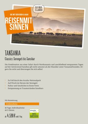 Downloaddatei des Posters für die Individualreise "Classics: Serengeti bis Sansibar" mit Kurzinformationen zur Reise nach Tansania.