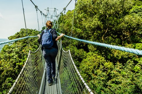 Eine Frau geht über eine Hängebrücke des Baumkronenpfads im Nyungwe Nationalpark in Ruanda.