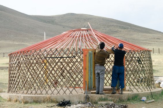 Zwei Männer bauen eine mongolische Jurte auf