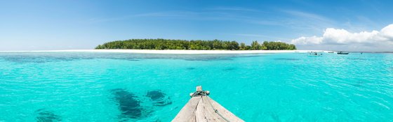Mnemba Island Aus dem türkis-leuchtenden Meer erhebt sich eine flache, grün bewachsene Sandinsel.