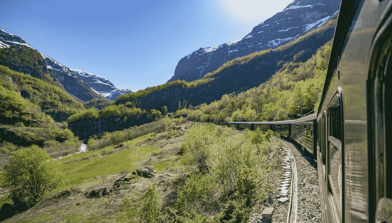 Aufnahme aus einem Zugfenster entlang des Zuges, der durch eine gebirgige im unteren Teil grüne, im oberen Teil felsig-schneeige Landschaft fährt.