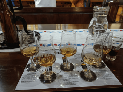 Auf einem Holztisch stehen fünf Degustationsgläser mit bernsteinfarbenem Inhalt. Die Papierunterlage darunter gibt Informationen zu den verschiedenen Whiskysorten. Rechts im Hintergrund befindet sich eine Wasserkaraffe.
