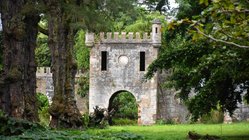 Ein Zinnen-bewehrtes Tor mit anschließender Mauer erhebt sich aus grüner Vegetation.