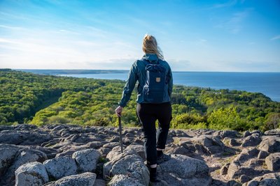 Auf einem Felsplateau steht eine Frau in Rückenansicht und blickt in den Bildhintergrund über Wälder bis auf die Ostsee.