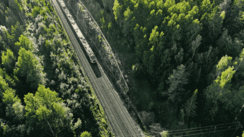 Man blickt aus der Aufsicht auf einen Wald, der von links oben nach vorne mittig von Schienen geteilt wird. von links oben fährt ein Zug in das Bild.