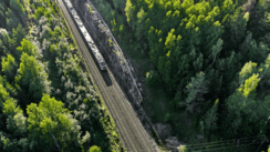 Man blickt aus der Aufsicht auf einen Wald, der von links oben nach vorne mittig von Schienen geteilt wird. von links oben fährt ein Zug in das Bild.
