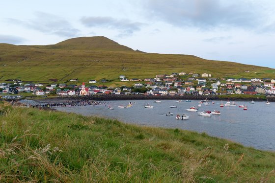 Zahlreiche Boote liegen im Wasser an der Küste 