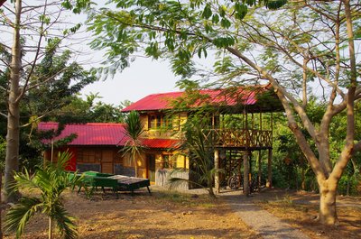 Blick durch Bäume auf das Hauptgebäude des Biohotel Mucumbli auf São Tomé