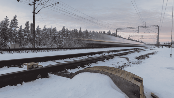Die Bildmitte wird von Gleisen durchzogen, auf denen eine Zug mit hoher Geschwindigkeit vorüber rauscht. Hinter den Schienen stehen schneebedeckte Bäume, der Bahndamm davor ist ebenfalls schneebedeckt.
